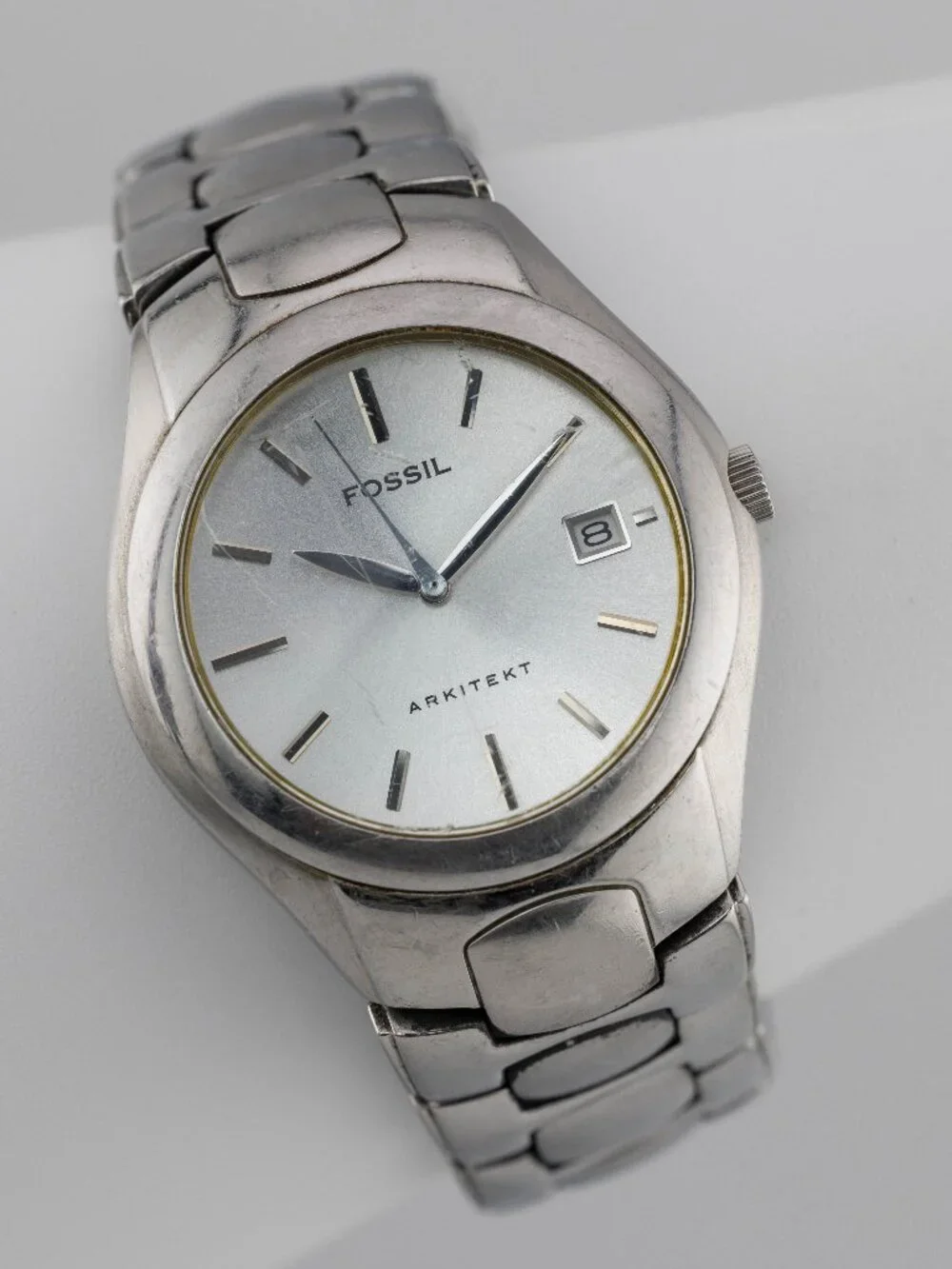 Vintage FOSSIL Arkitekt Silver Dial Quartz Analog Men's Watch Fresh Battery